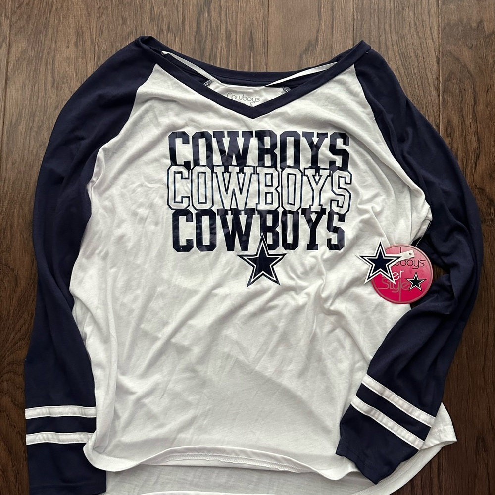 Blue and White Long Sleeve Tee with Sporty Style
